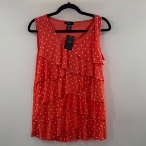 3For$20 LeeBe Coral Top with White Dots Accents Ruffles  size M